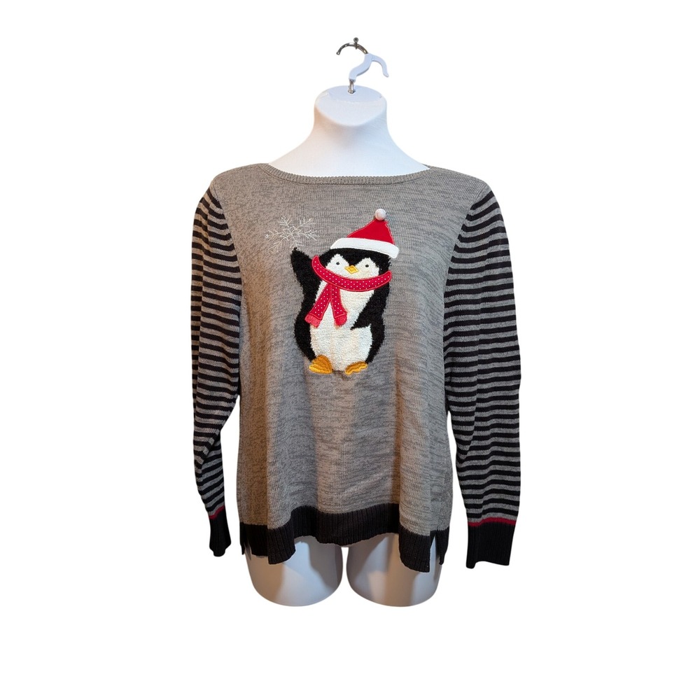 CJ Banks Women‎ 1X Holiday Santa Penquin Sweater Stripes Gray Black Winter Cute